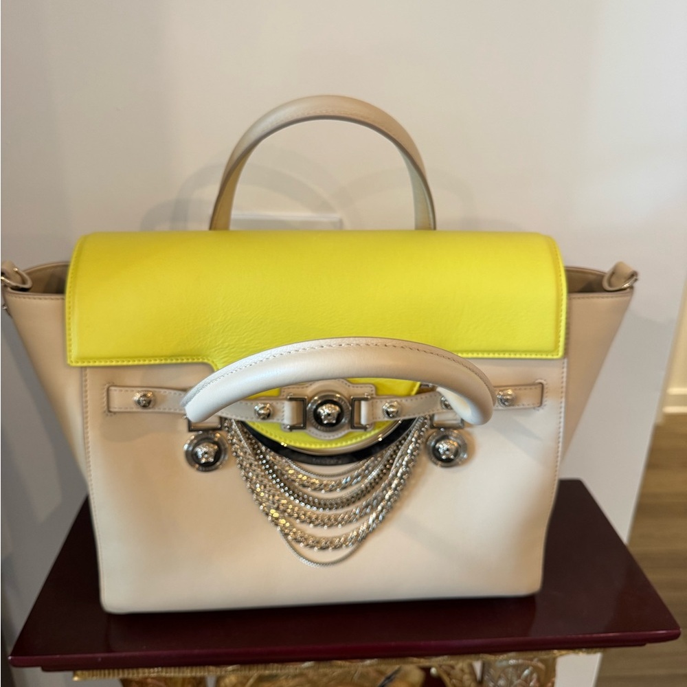 Versace Medusa Signature Satchel DBFD705 Cream Yellow Leather Chain Tote Purse - Picture 15 of 16